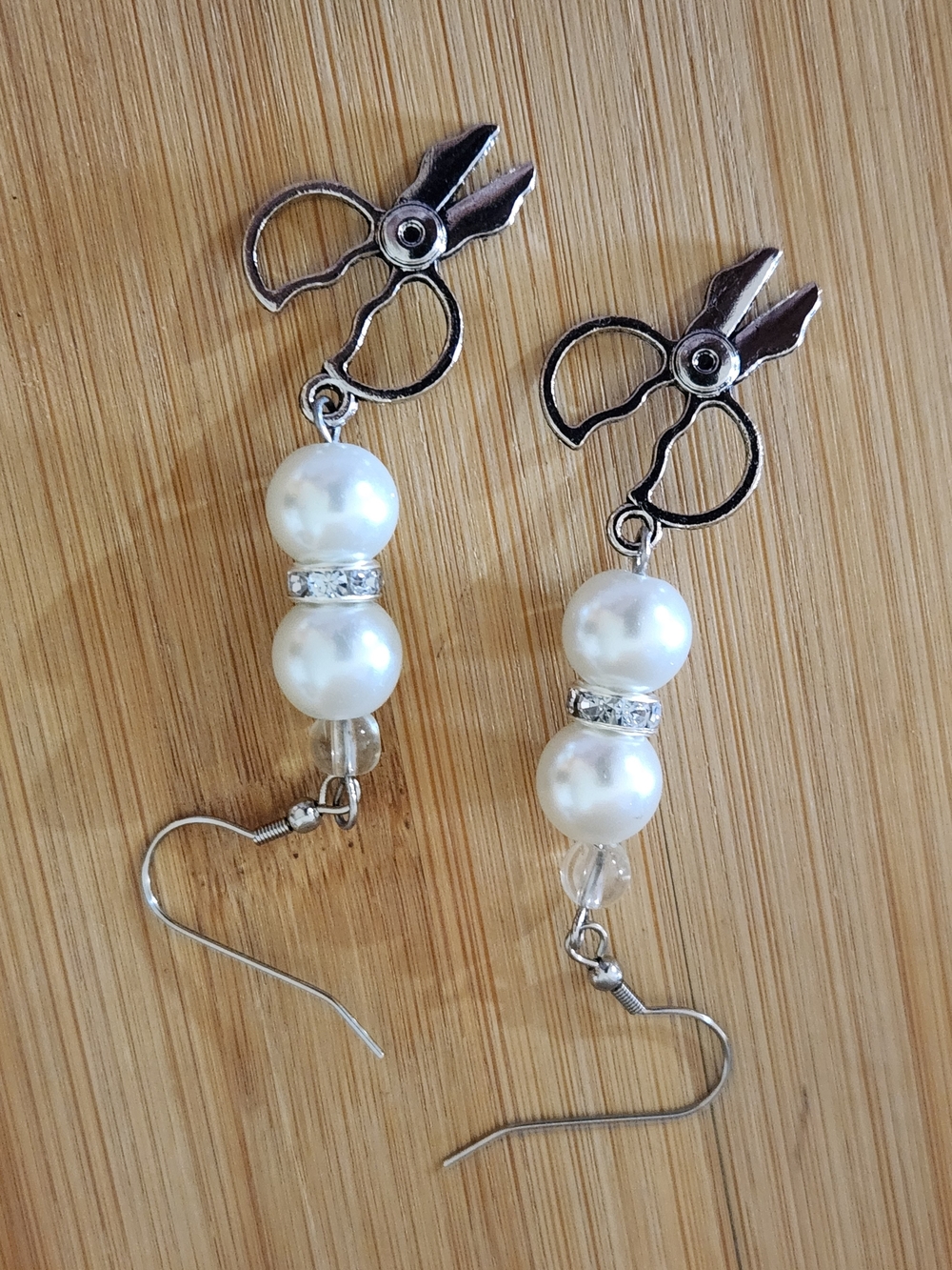 Hand Crafted Silver Scissor Pearl Drop Earrings